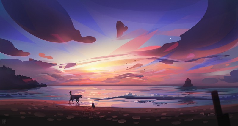 dog, animals, beach, minimalism, artist, artwork, digital art, hd