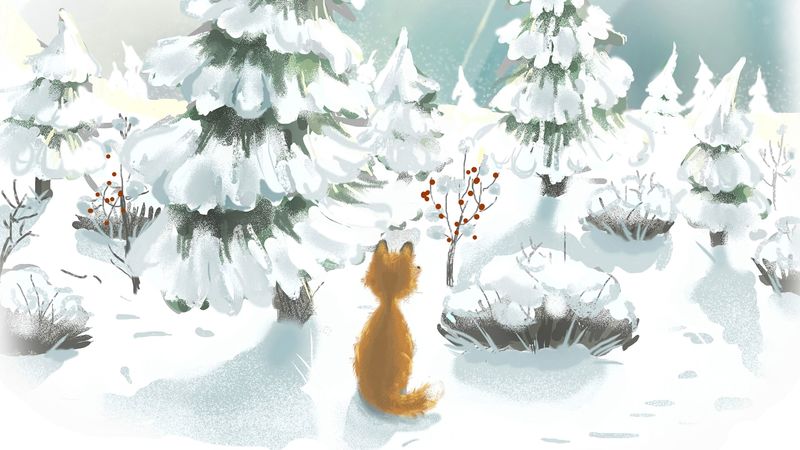 fox, snow, trees, winter, art, 4k