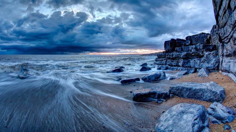 sea, water, rocks, clouds, long exposure, nature, hd, 4k