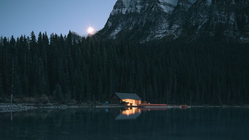 lake, coast, house, mountain, forest, night, 4k