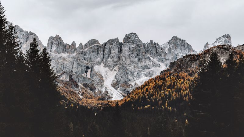 mountains, rocks, peak, forest, landscape, 4k