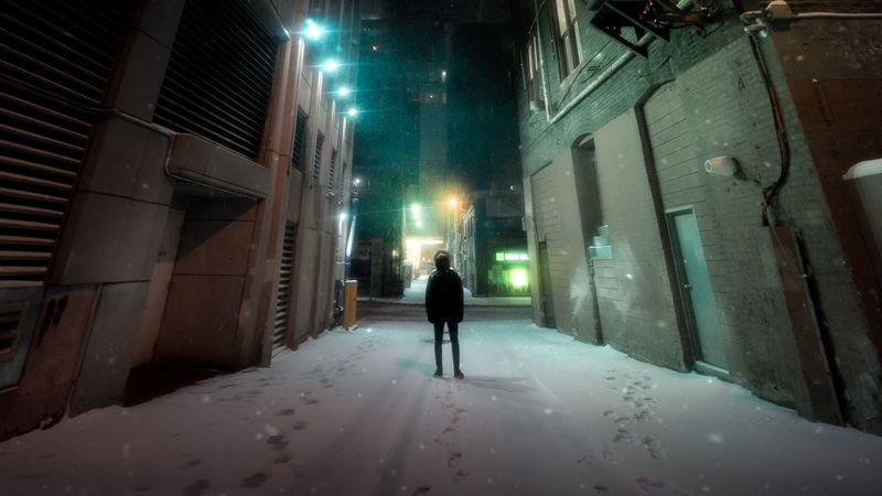 man, loneliness, buildings, night city, snow, 4k