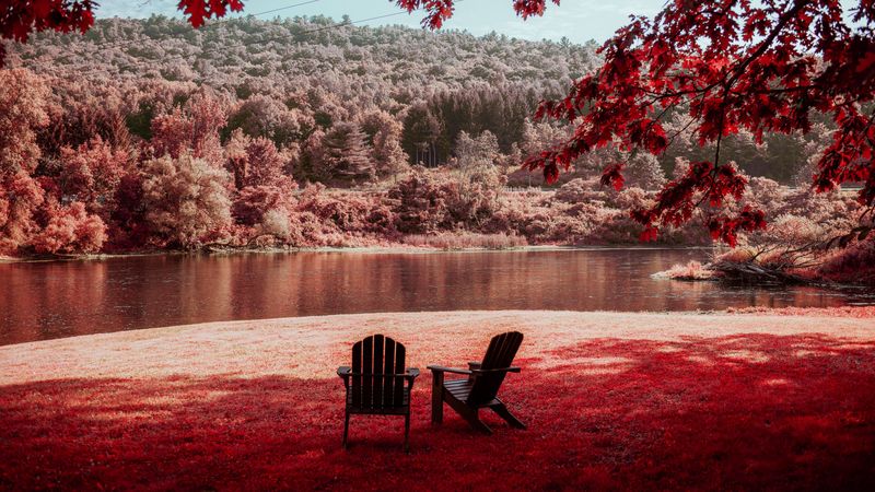river, shore, rest, chairs, forest, nature, 4k