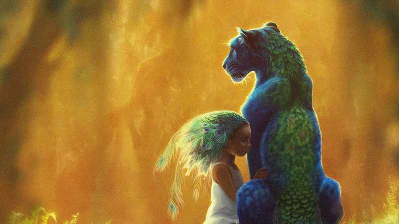 fantasy, lion, little girl, peacocks, hd, artstation