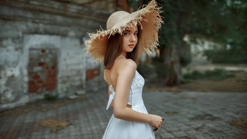 brunette, girls, model, hd, hat, white dress