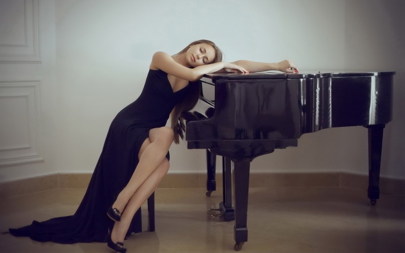 girls, model, hd, black dress, piano