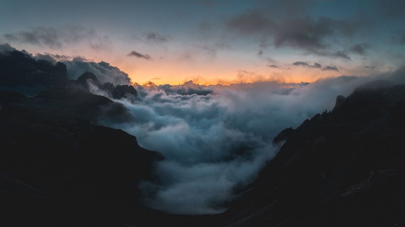mountains, clouds, sky, smoke, height, 4k