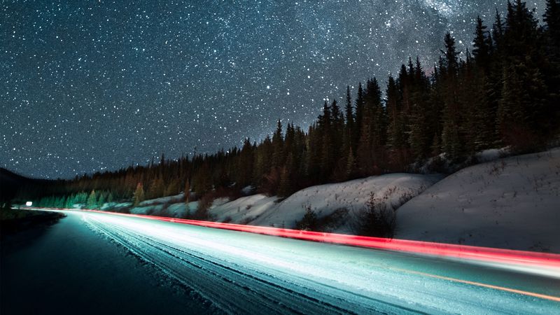 starry sky, road, night, stars, long exposure, 4k