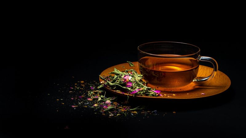 cup, tea, flowers, leaves, drink, 4k