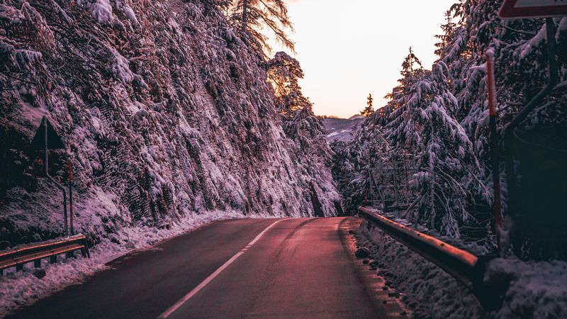 road, trees, snow, dusk, nature, 4k