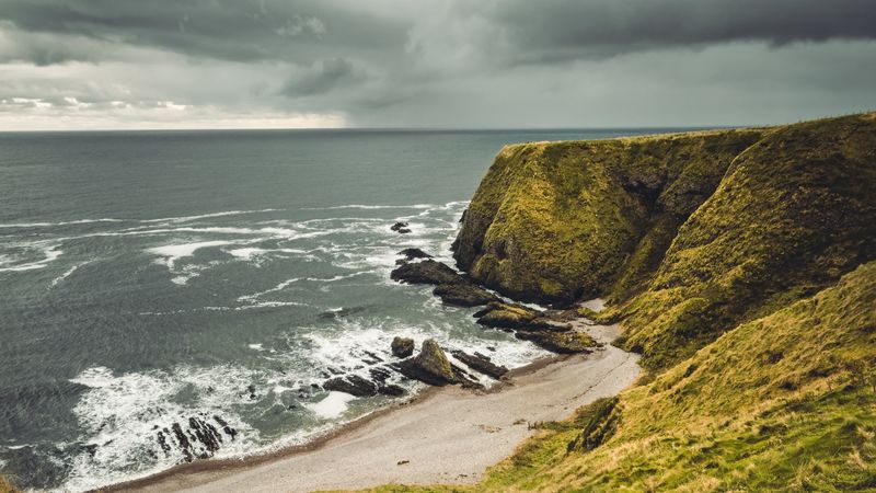 cliff, sea, coast, grass, beach, landscape, 4k