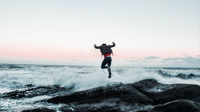 man, jump, waves, stones, sea, 4k
