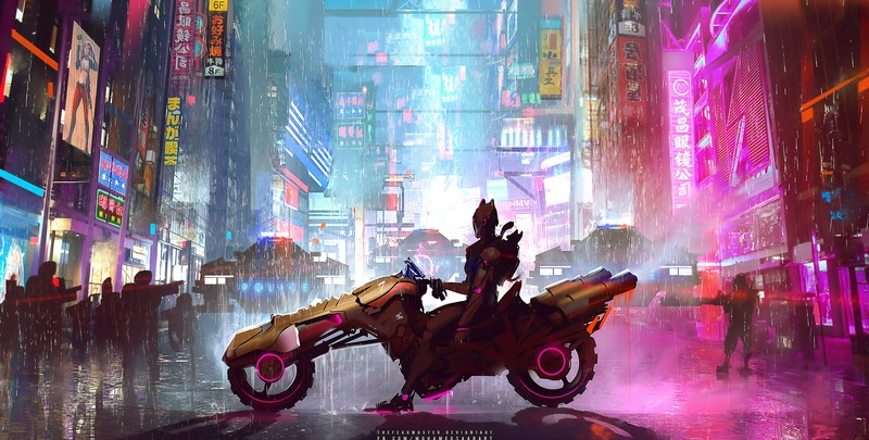 neon, scifi, artist, artwork, digital art, hd, deviantart, biker