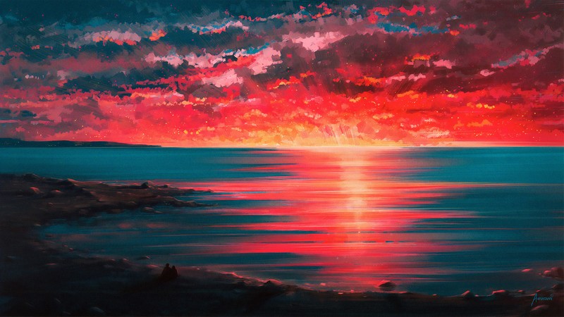 sea, sunset, artist, artwork, digital art, hd, 4k, artstation