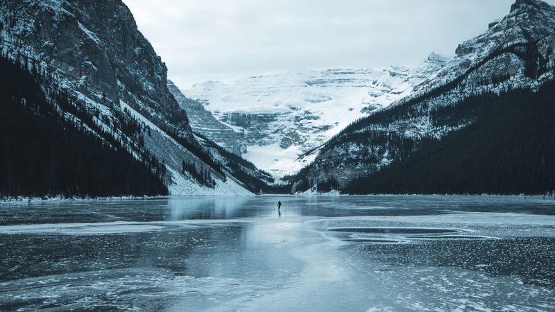 lake, mountains, ice, frozen, snow, landscape, 4k