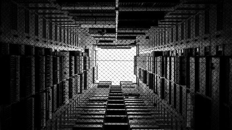 building, bw, bottom view, mesh, 4k