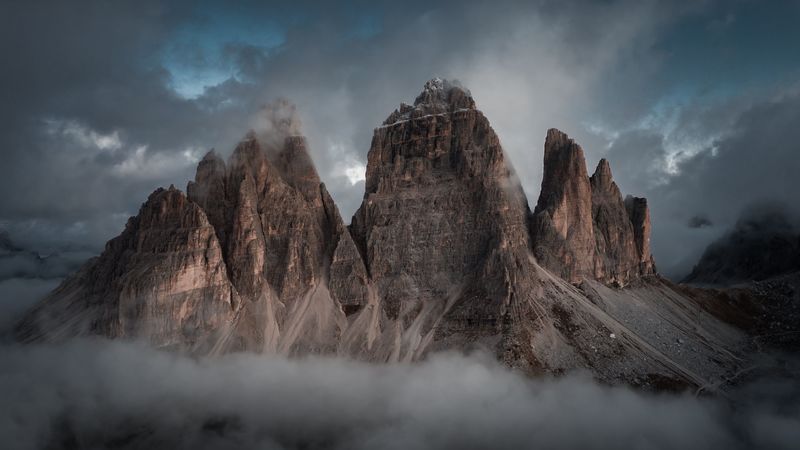 mountains, rocks, peaks, clouds, landscape, 4k