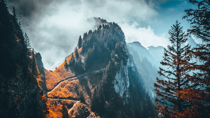 mountain, peak, trees, clouds, rock, landscape, 4k