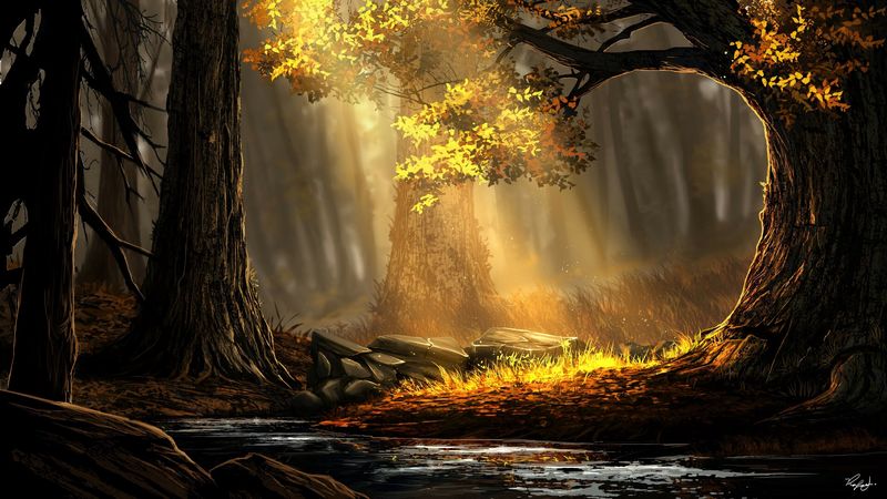 forest, river, trees, sunlight, art, nature, 4k