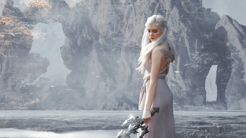 daenerys targaryen, game of thrones season 8, game of thrones, tv shows, hd, artist, artwork, digital art, fantasy girls, sword, 4k, 5k, dragon