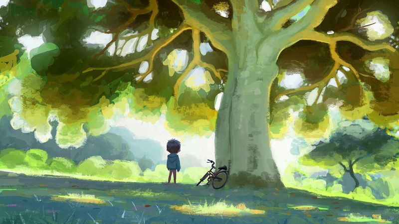 child, bike, tree, nature, art, 4k