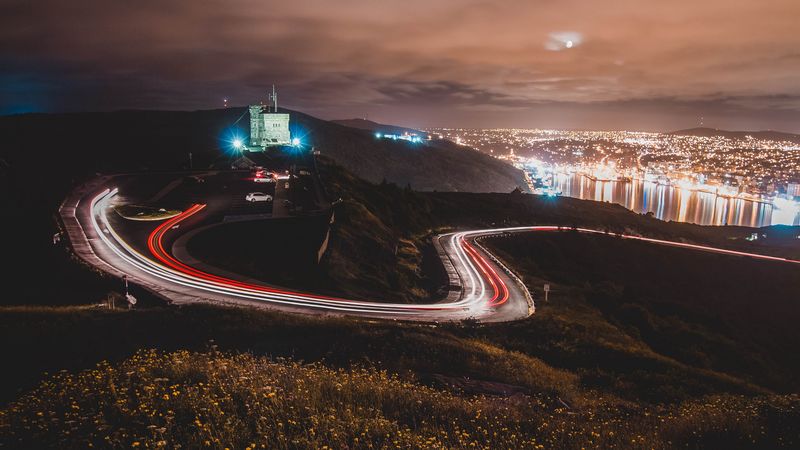 castle, building, hills, long exposure, light, night, 4k