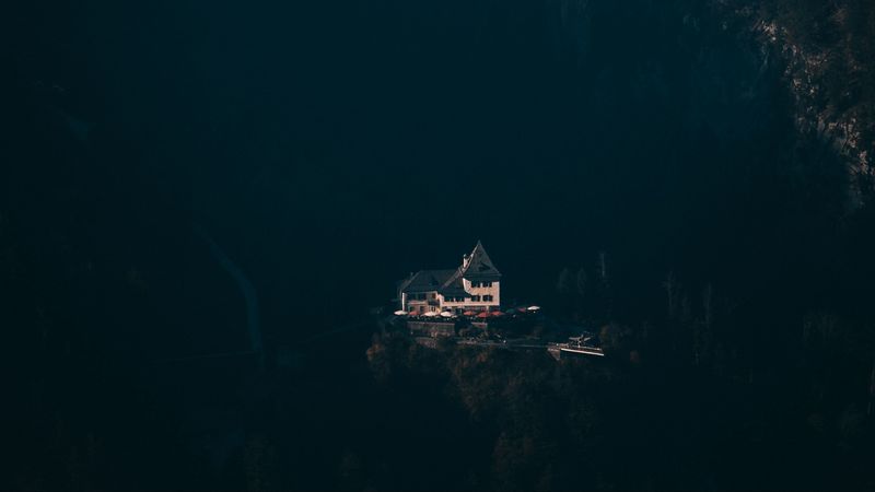 house, mountains, aerial view, shadow, dark, 4k