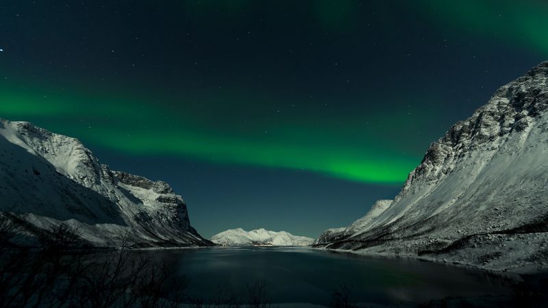 mountains, lake, northern lights, night, landscape, 4k