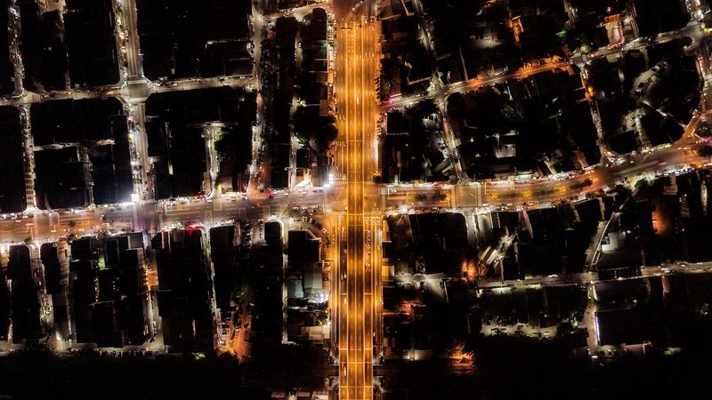 night city, roofs, road, lights, 4k