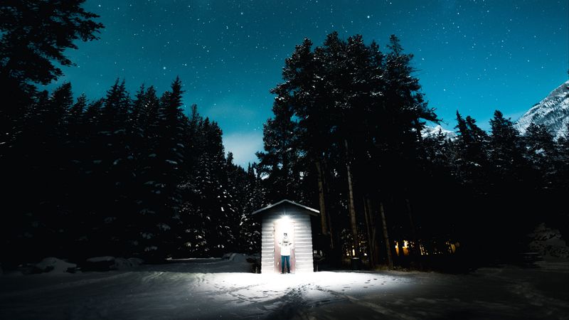 forest, night, building, silhouette, flash, 4k
