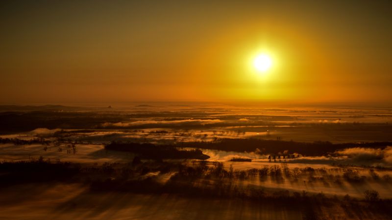 sunset, landscape, aerial view, dusk, horizon, 4k