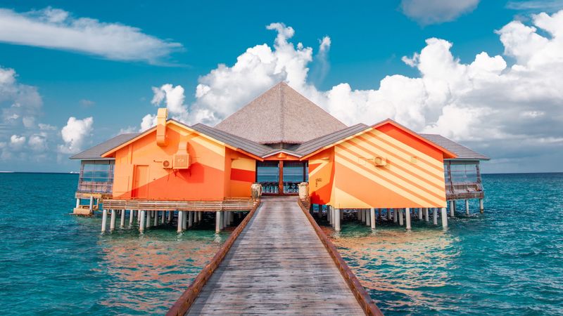 pier, buildings, ocean, coast, tropics, 4k
