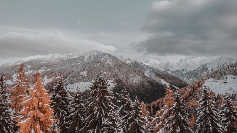 mountains, trees, clouds, landscape, snowy, 4k