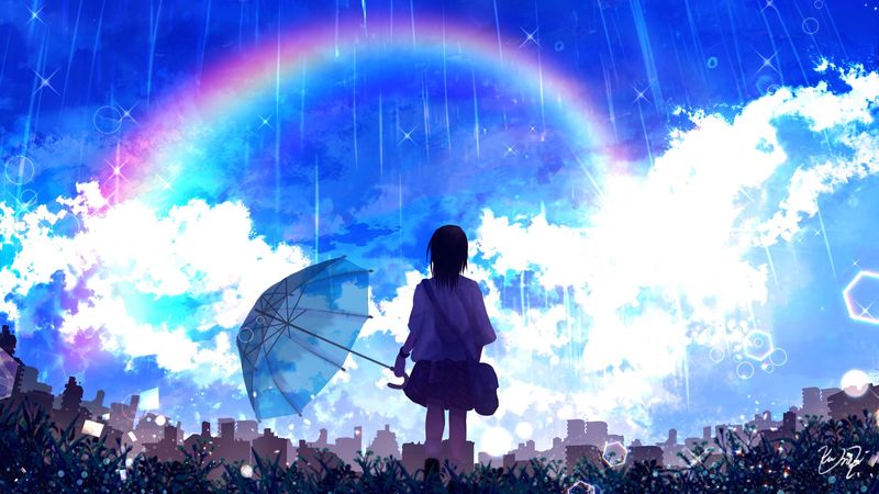 silhouette, umbrella, rainbow, rain, art, 4k