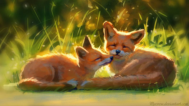 foxes, cute, animals, grass, art, 4k
