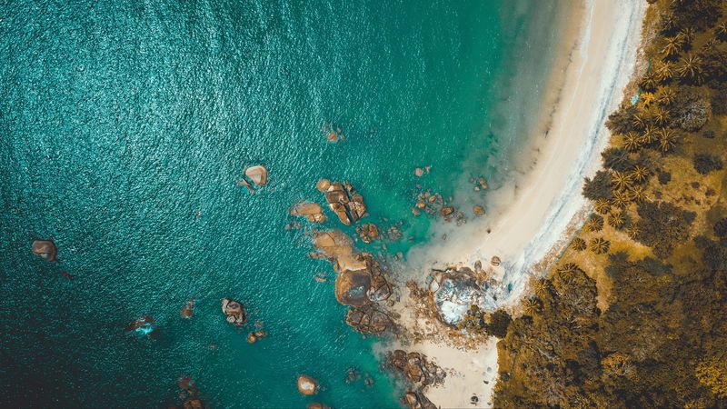 beach, coast, aerial view, sea, rocks, 4k