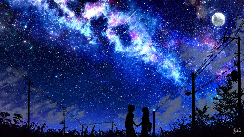 silhouette, night, starry sky, art, dark, 4k