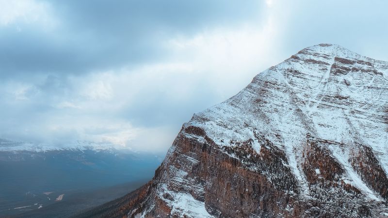 mountain, peak, snowy, river, landscape, 4k