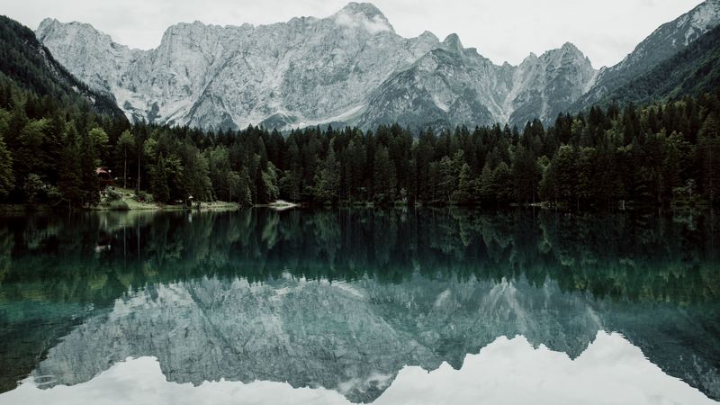 lake, mountains, trees, landscape, reflection, 4k