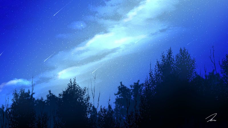 night, starfall, trees, clouds, starry sky, 4k
