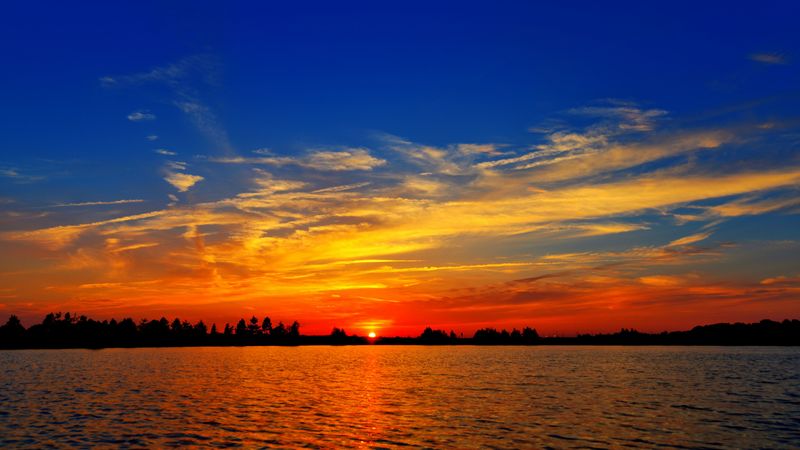 sunset, lake, dusk, dark, landscape, 4k