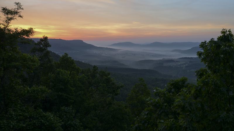 mountains, trees, fog, dusk, landscape, 4k