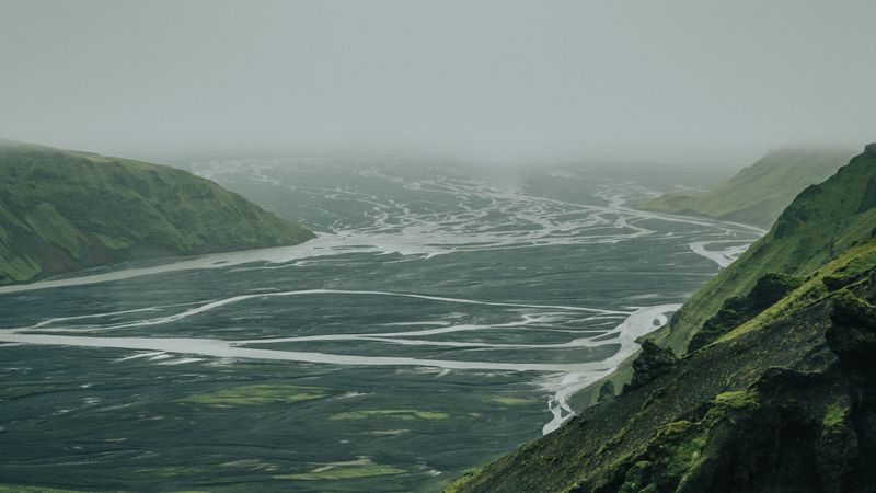 valley, river, aerial view, fog, nature, 4k