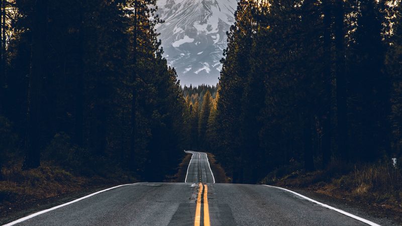 road, trees, mountain, peak, nature, 4k