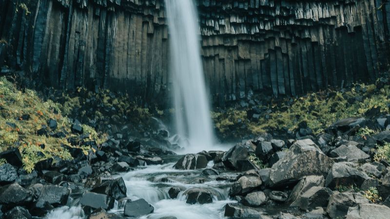 waterfall, cliff, river, water, stones, 4k