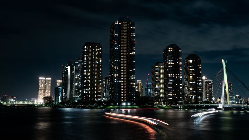 night city, buildings, skyscrapers, lights, long exposure, dark, 4k
