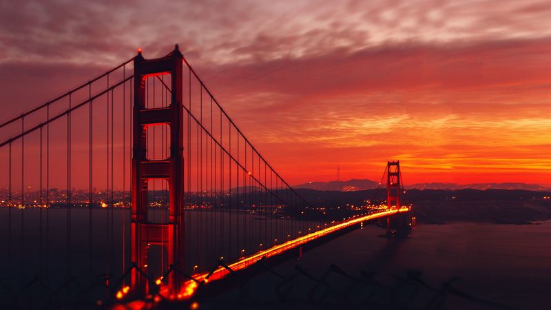 bridge, architecture, night city, lights, 4k