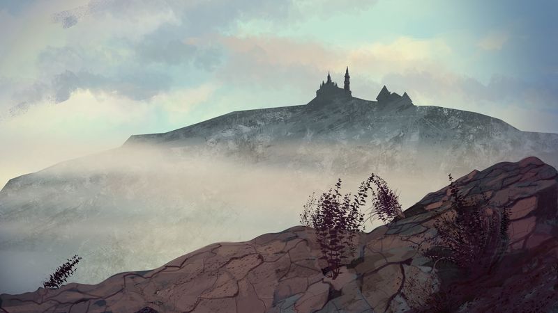hill, castle, fog, mountains, art, 4k