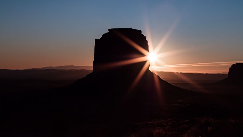 rock, sun, sunset, dark, landscape, 4k