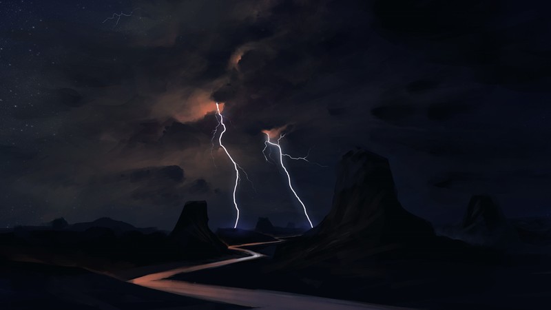 lightning, road, artist, artwork, digital art, hd